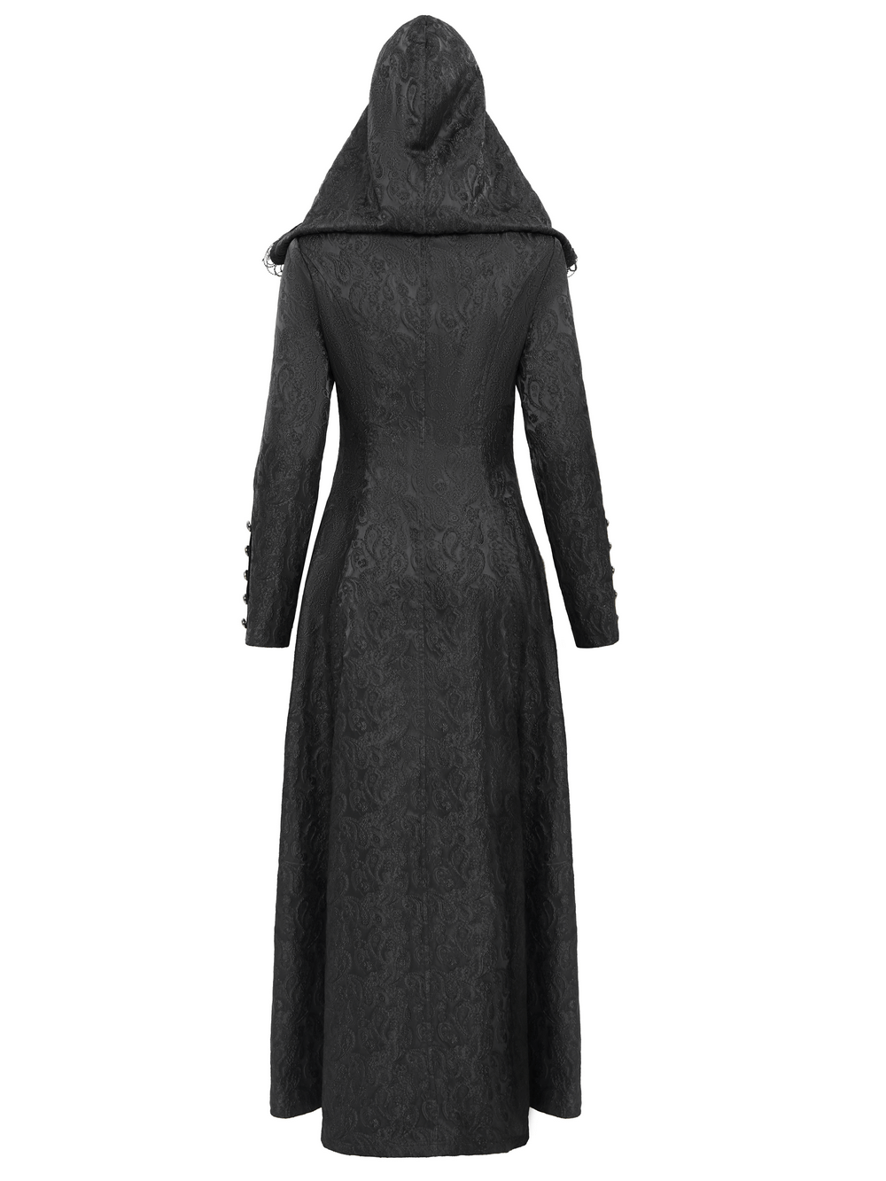 Gothic brocade long coat with hood, featuring intricate details and a flowing silhouette, perfect for a Victorian-inspired look.