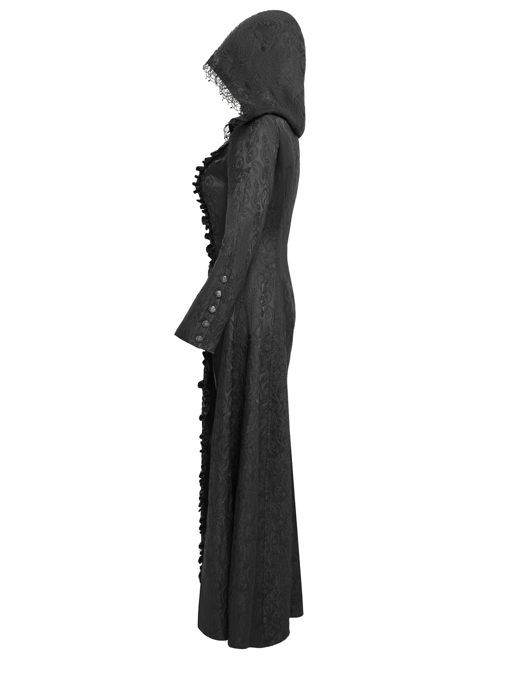 Gothic brocade hooded long coat with lace trim, emphasizing Victorian witch style and dramatic silhouette.