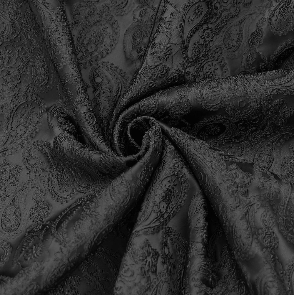 Elegant black brocade fabric with intricate paisley patterns, perfect for gothic fashion designs.