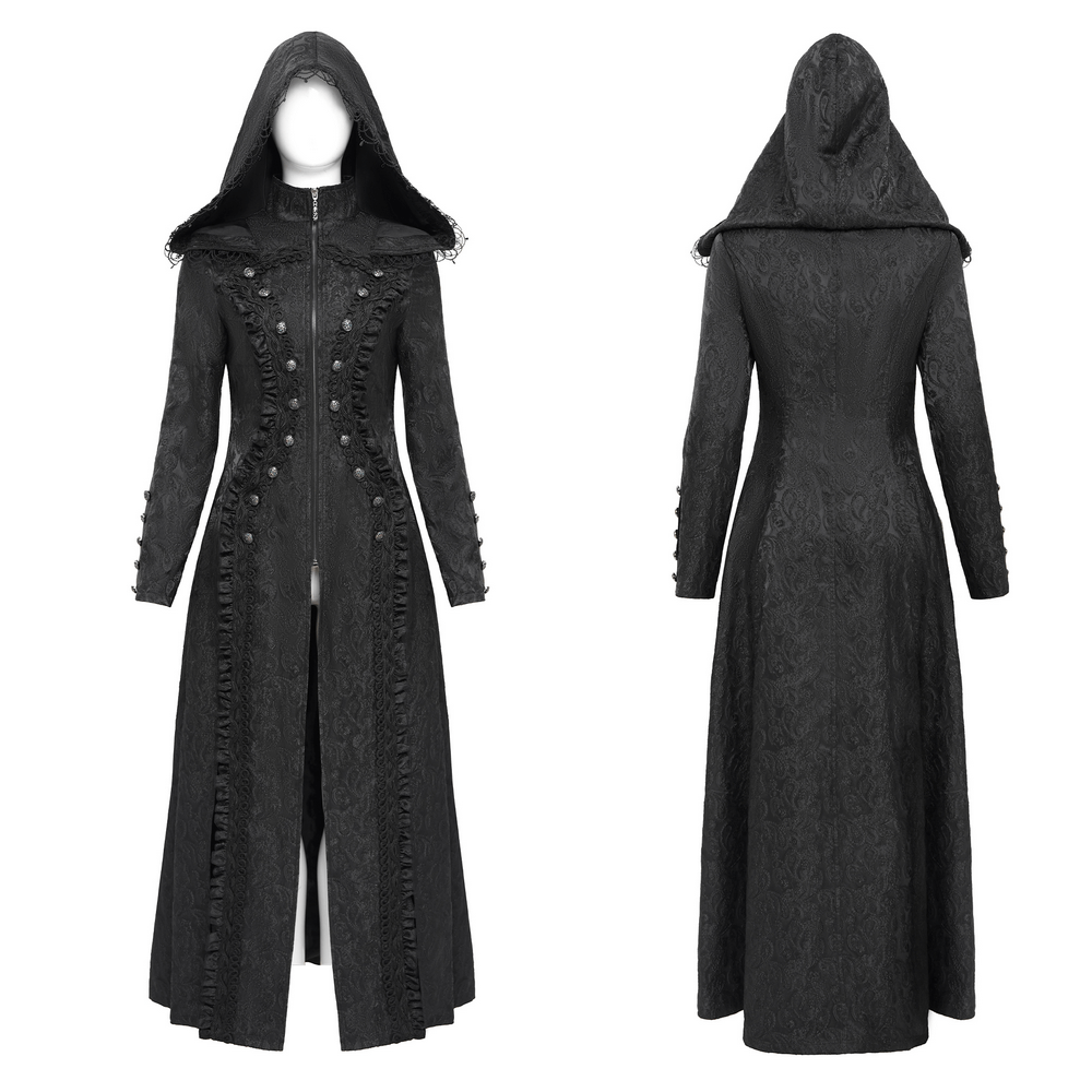 Gothic brocade hooded long coat with lace trim and embroidered detailing, perfect for a Victorian witch aesthetic.