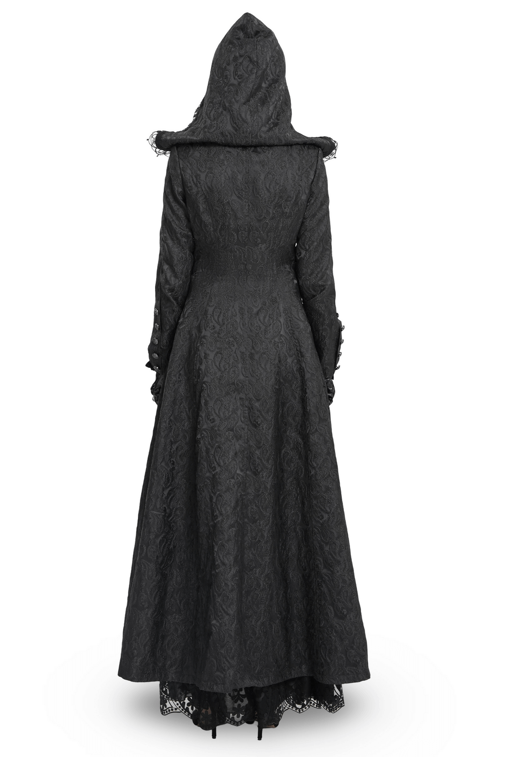 Back view of a Gothic brocade hooded long coat with lace trim, perfect for a Victorian witch look.
