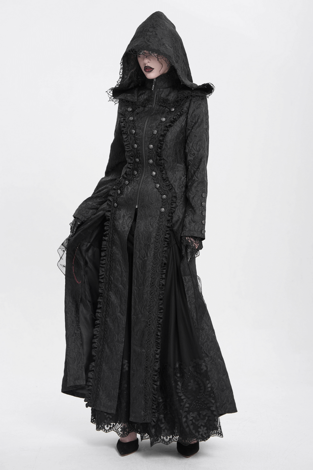 Gothic brocade hooded long coat with lace trim, embodying a dark Victorian witch aesthetic.