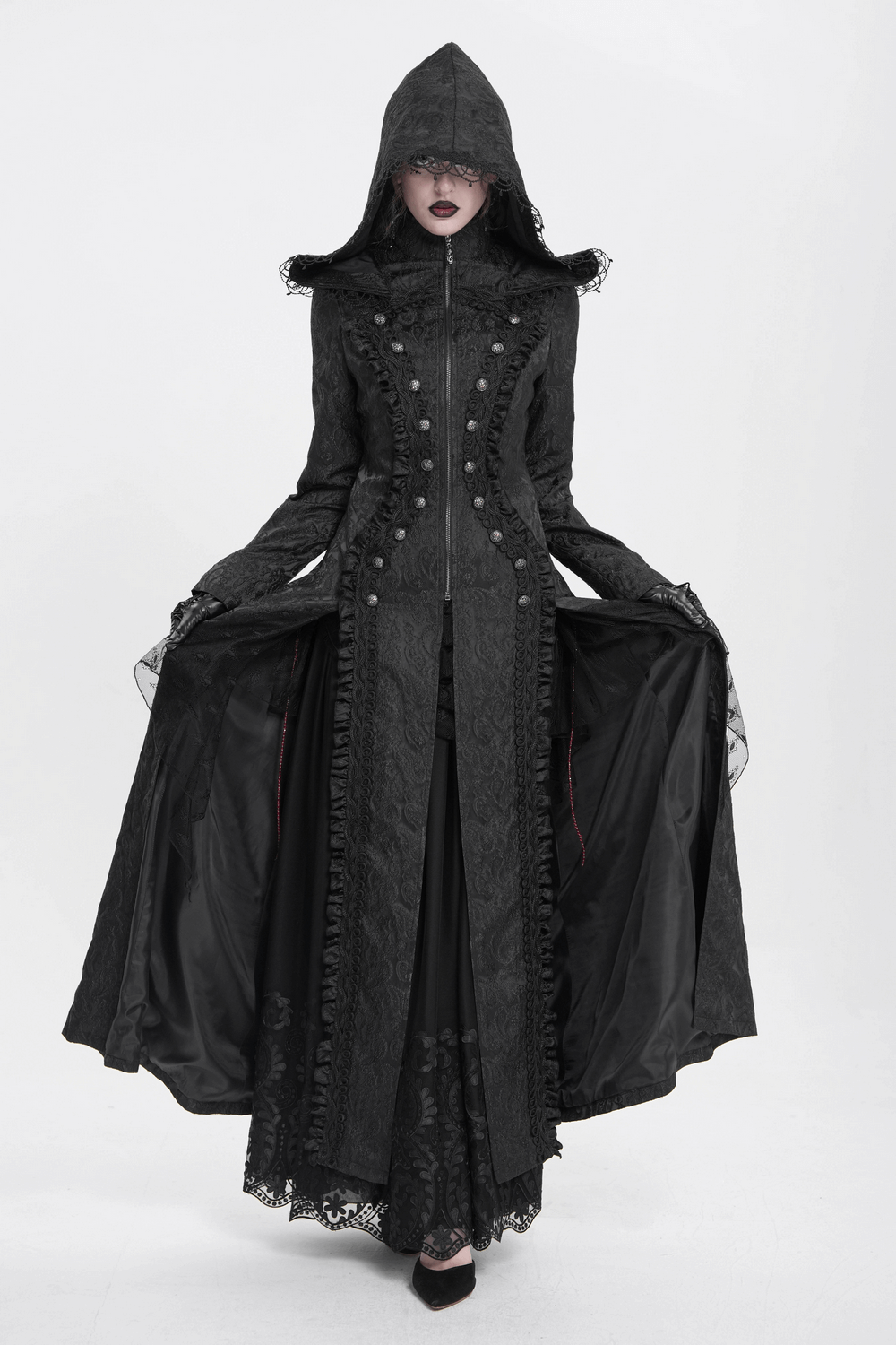 Gothic brocade hooded long coat with lace trim, embodying a Victorian witch aesthetic with intricate embroidery.