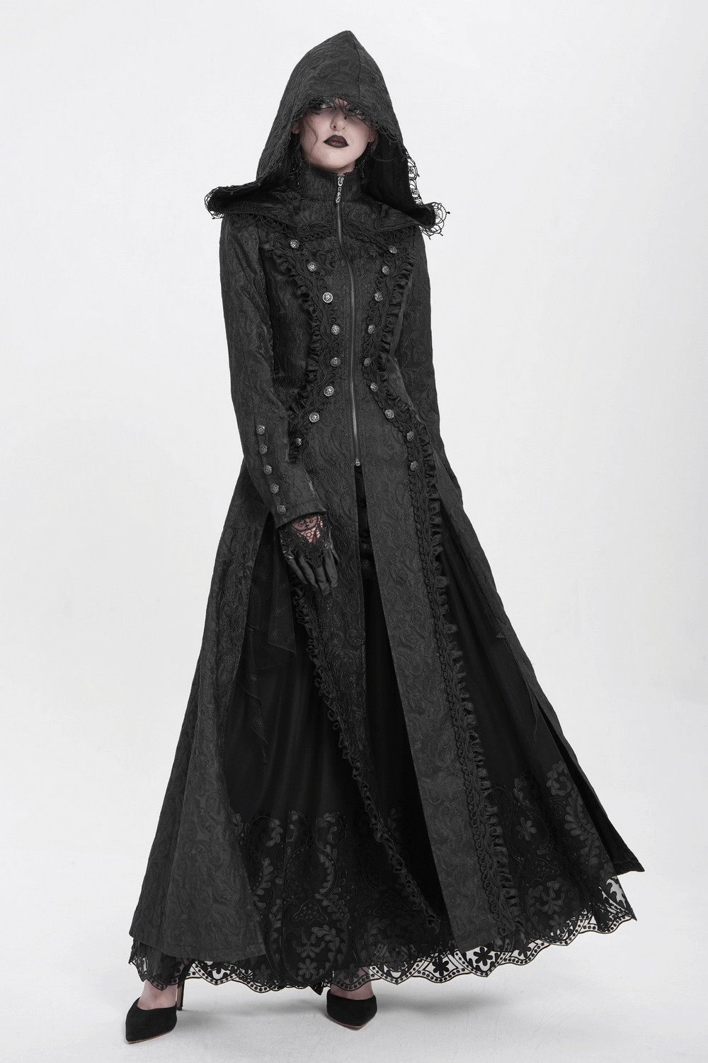 Gothic brocade hooded long coat with lace trim, perfect for a Victorian witch aesthetic.