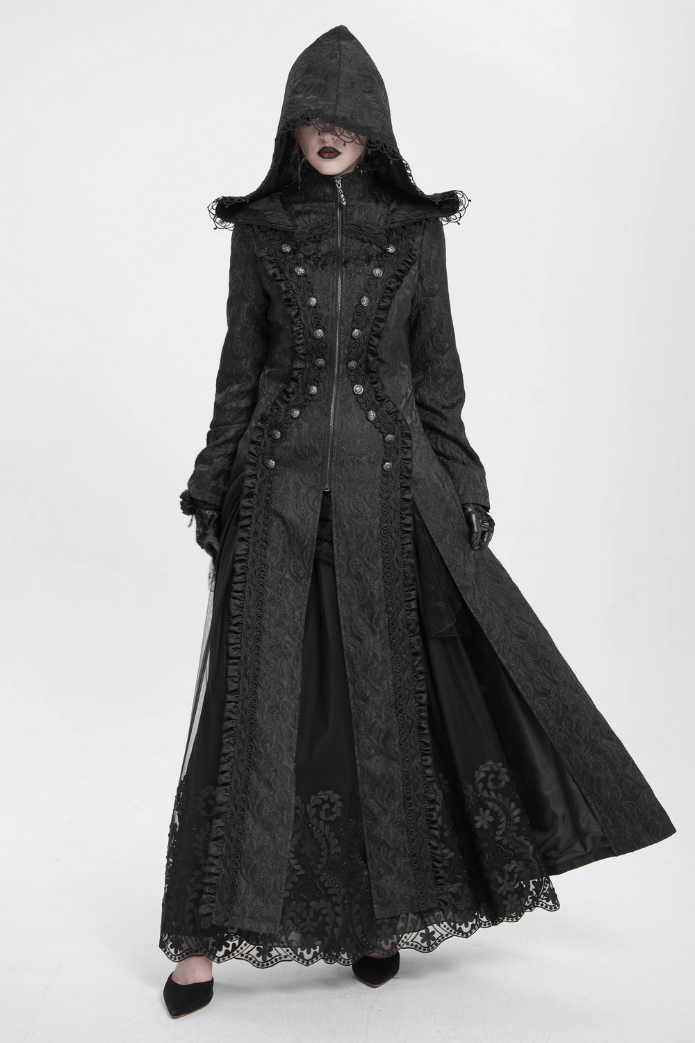 Gothic brocade hooded long coat with lace trim, perfect for a Victorian witch aesthetic.