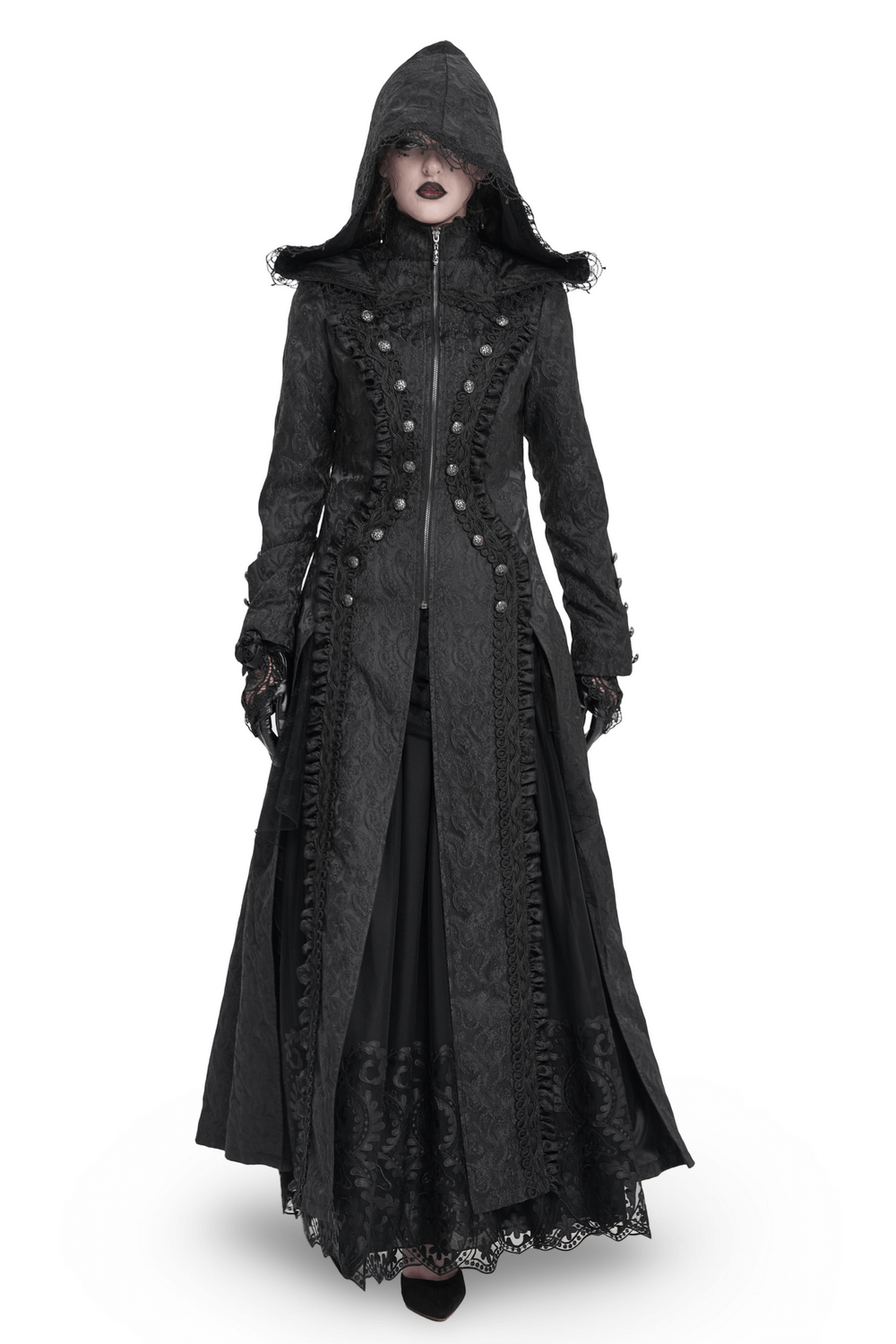 Gothic brocade hooded long coat with lace trim in a Victorian witch style, perfect for dark fairytales and fantasy ensembles.