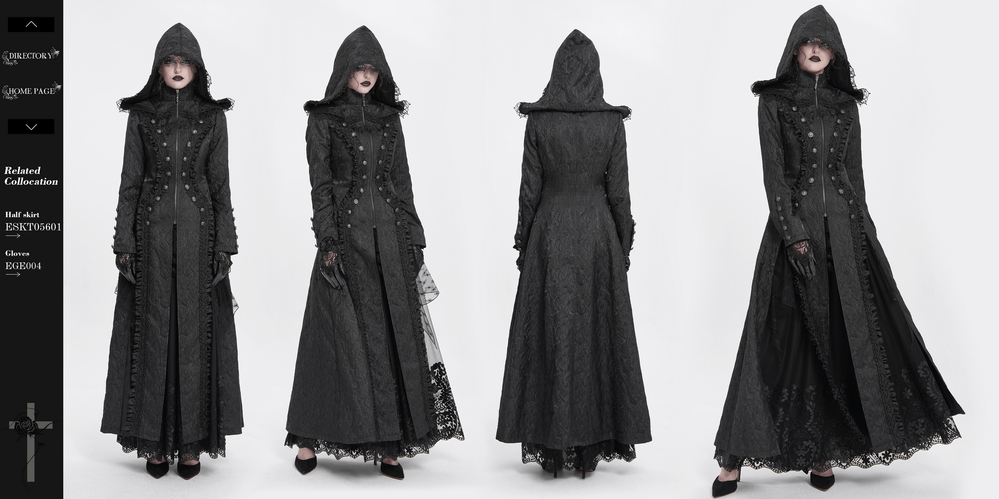 Gothic brocade hooded long coat with lace trim, featuring a dramatic flow and Victorian witch aesthetic.