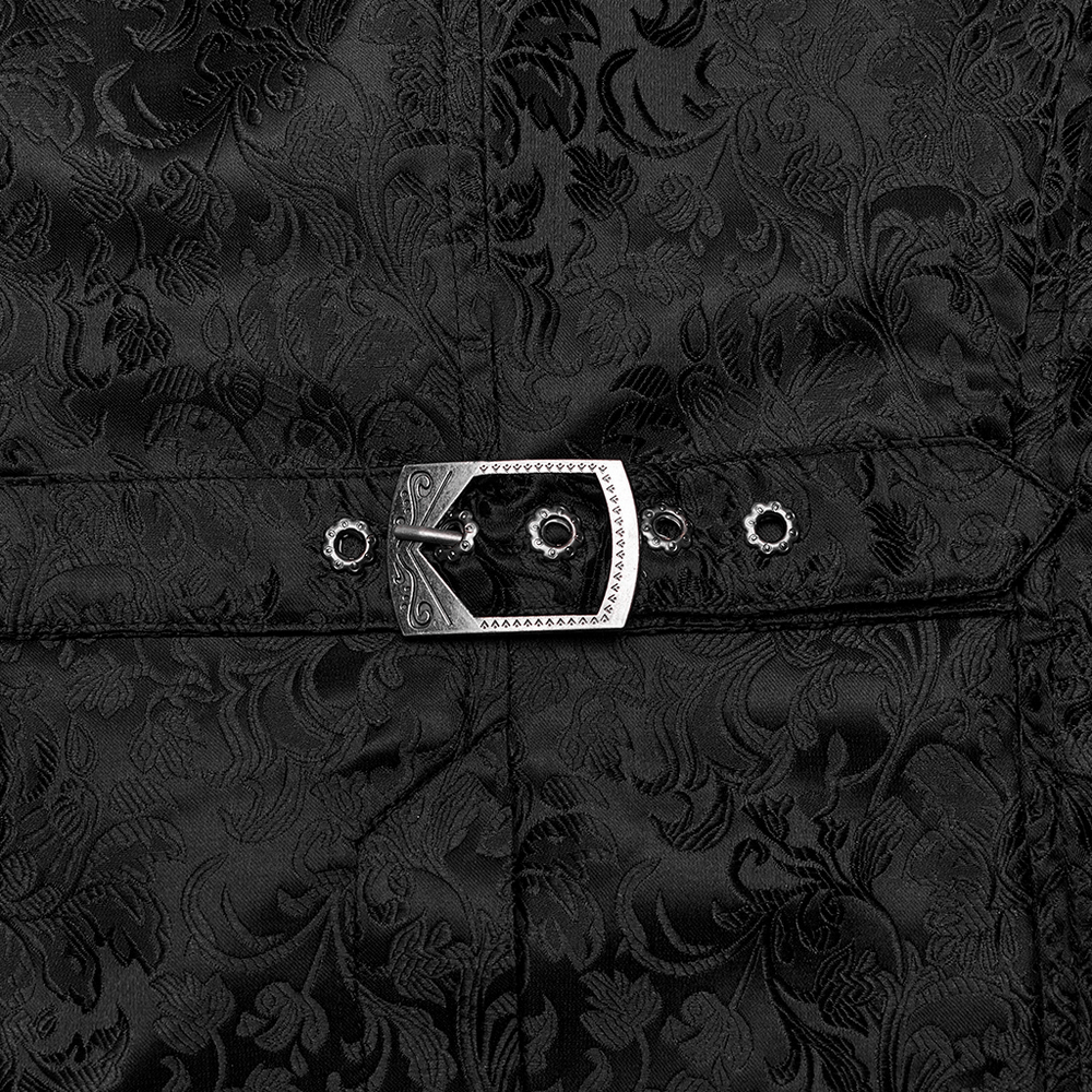 Elegant black fabric featuring intricate floral jacquard patterns and a stylish leather belt buckle.