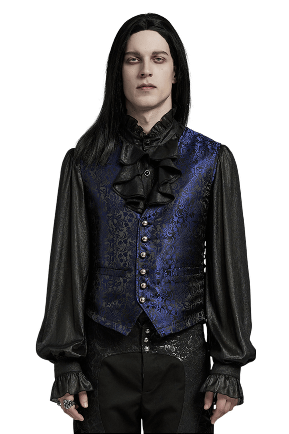 Elegant Gothic brocade men's waistcoat with leather detail, featuring a striking dual-tone design and floral patterns.