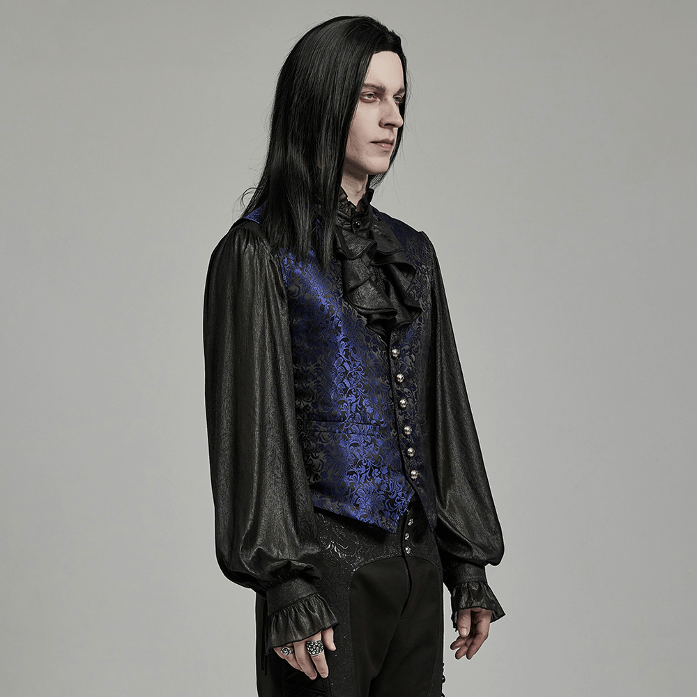 Elegant Gothic brocade men's waistcoat with leather detail, featuring floral patterns and a stylish blue tone.