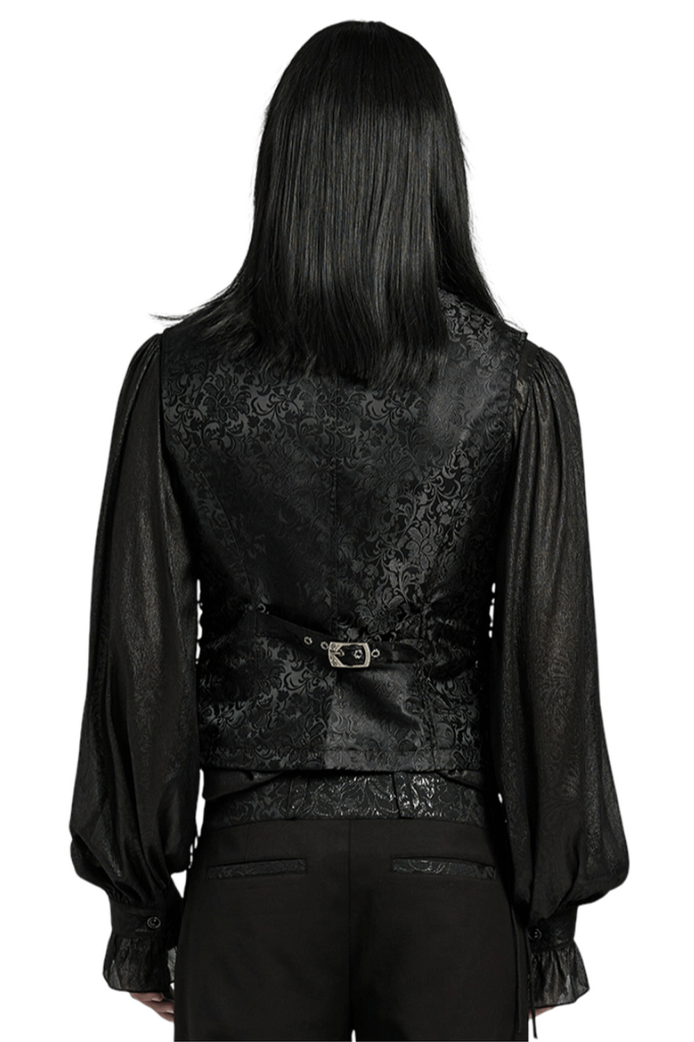 Back view of Gothic Brocade Men's Waistcoat showcasing intricate floral patterns and leather details.