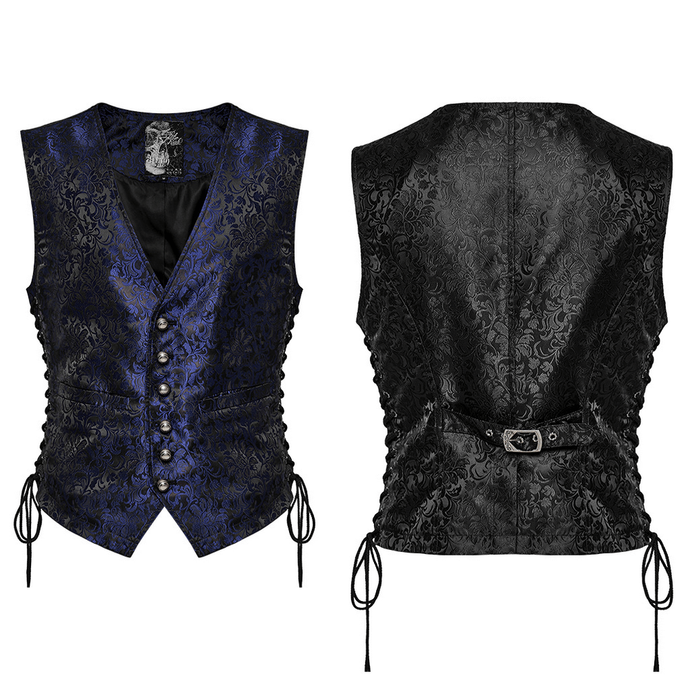 Gothic Brocade Men's Waistcoat in blue and black with leather detail and adjustable drawstring for slim fit.