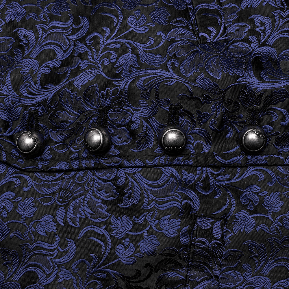 Close-up of Gothic brocade fabric with intricate floral pattern and decorative buttons, showcasing the vest's elegant detail.