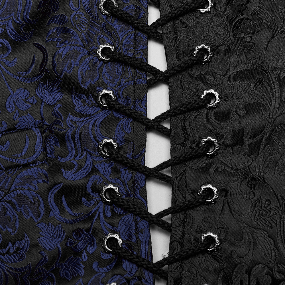 Gothic brocade vest close-up, showcasing exquisite floral patterns and adjustable eyelet drawstring.