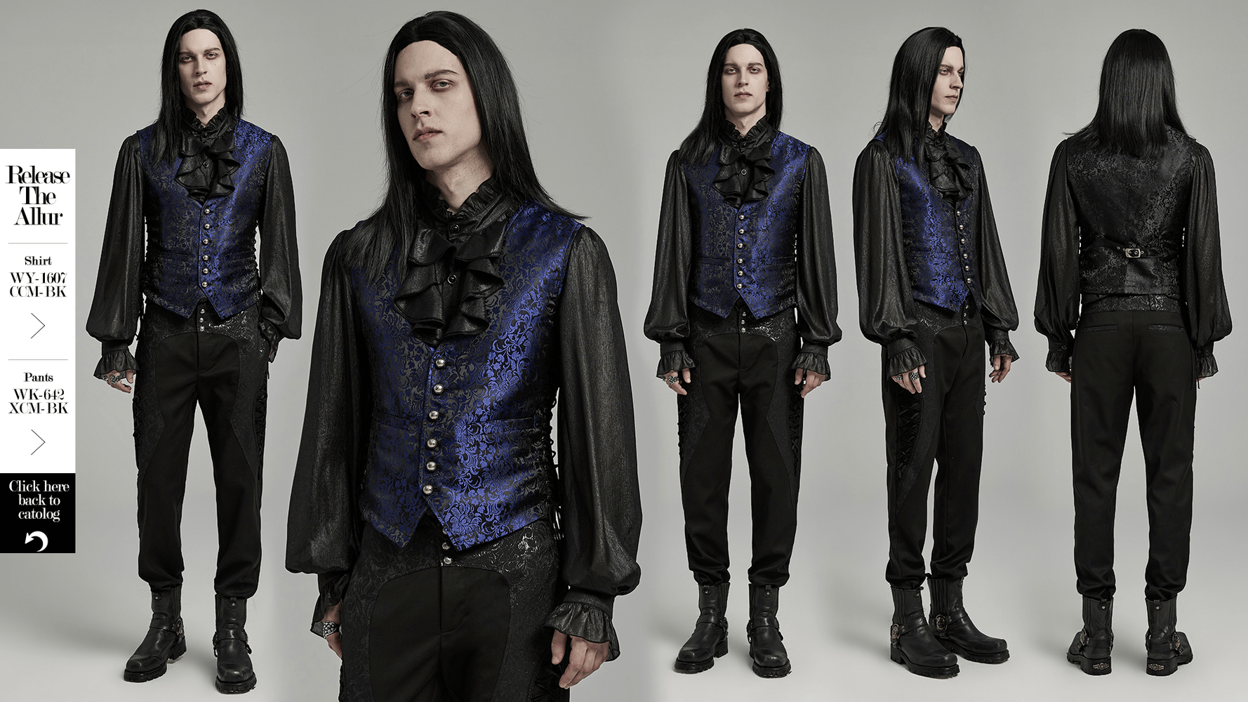 Men's Gothic Brocade Waistcoat with leather details, featuring floral patterns and adjustable fit, styled with a dramatic shirt.