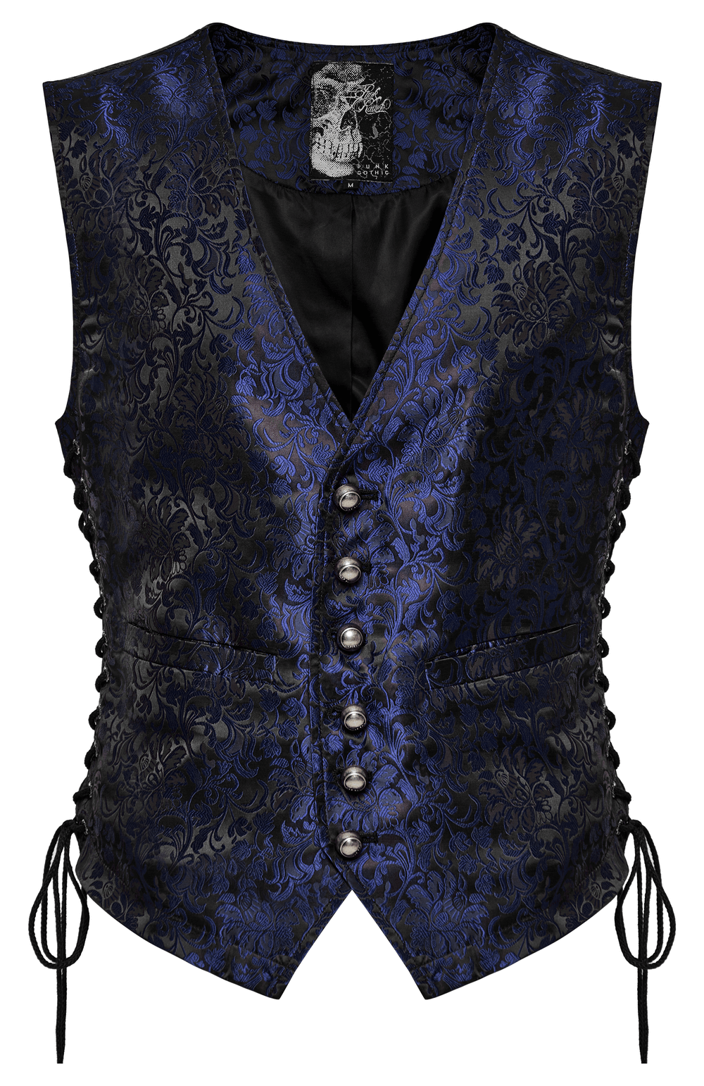 Men's Gothic brocade waistcoat with leather details and floral patterns in a striking dual-tone finish.