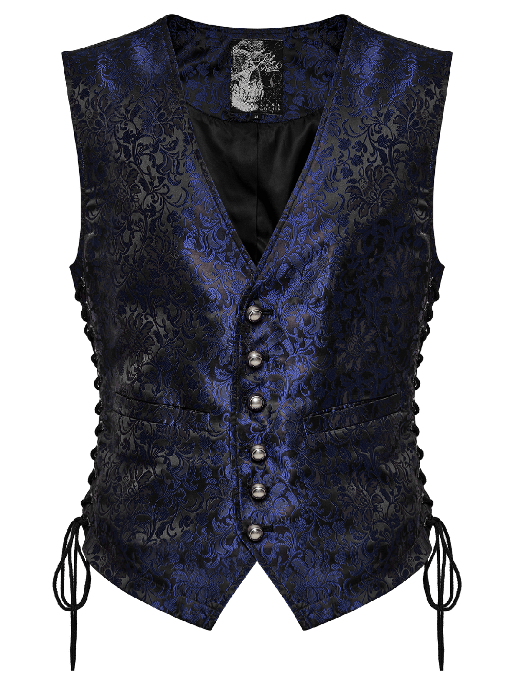 Men's Gothic brocade waistcoat with leather details and floral patterns in a striking dual-tone finish.