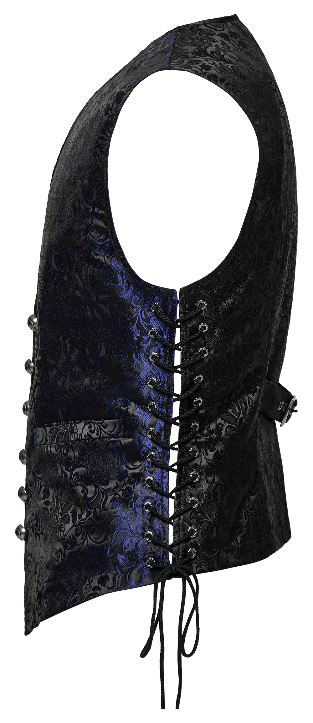 Men's Gothic Brocade Waistcoat with leather detail, featuring floral patterns and eyelet drawstring for a slim fit.