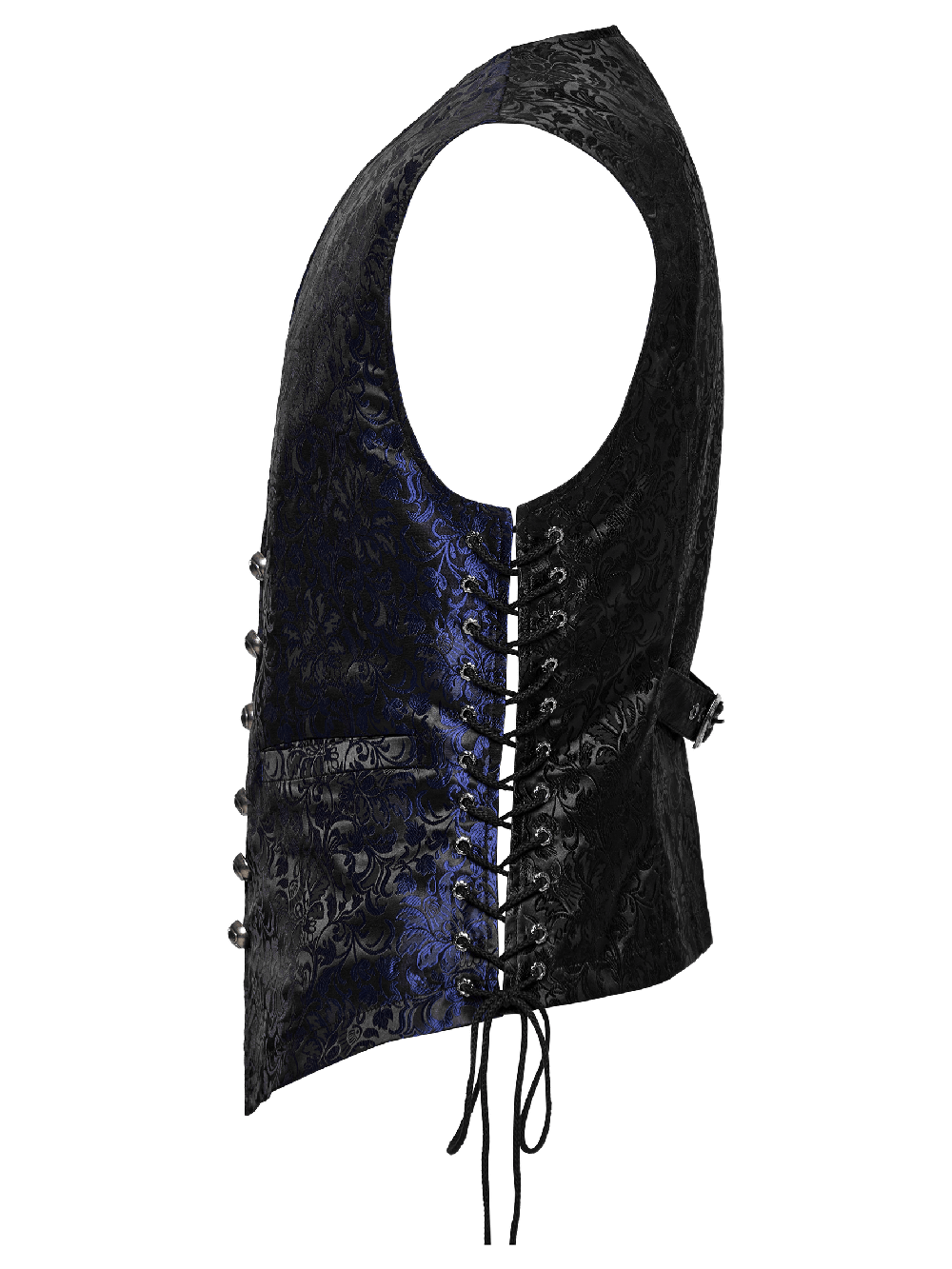 Men's Gothic Brocade Waistcoat with leather detail, featuring floral patterns and eyelet drawstring for a slim fit.