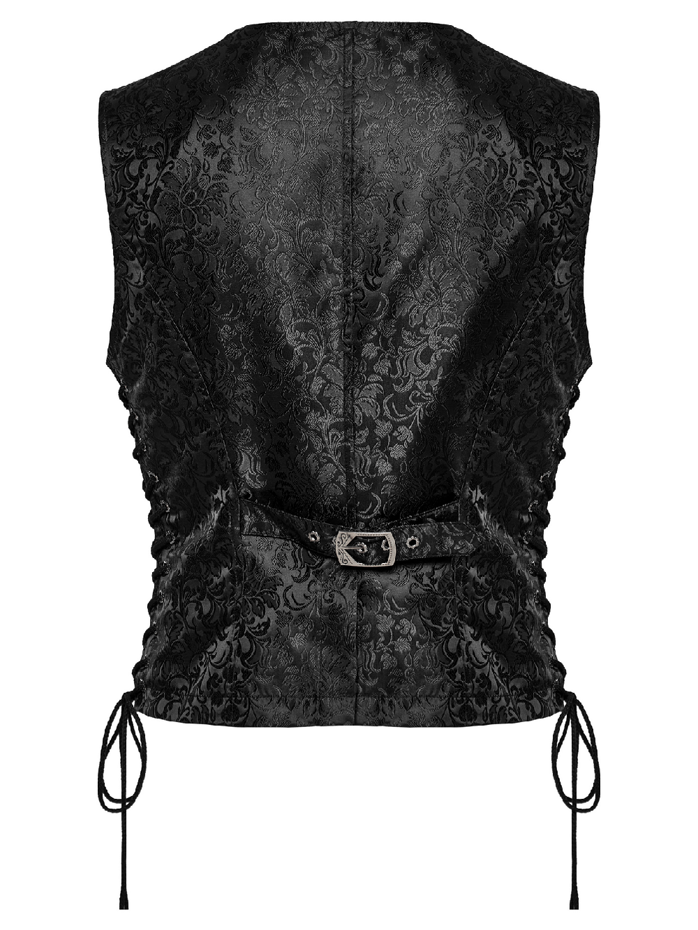Back view of men's Gothic brocade waistcoat with leather detail and adjustable drawstring for a stylish fit.