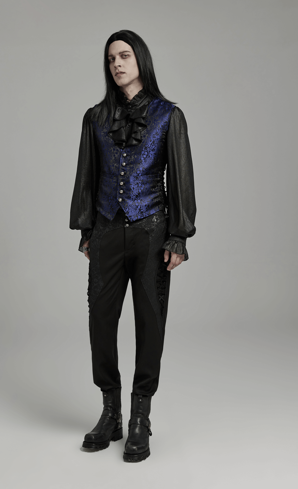 Elegant Gothic Brocade Men's Waistcoat with Leather Details, featuring floral patterns and a tailored fit.