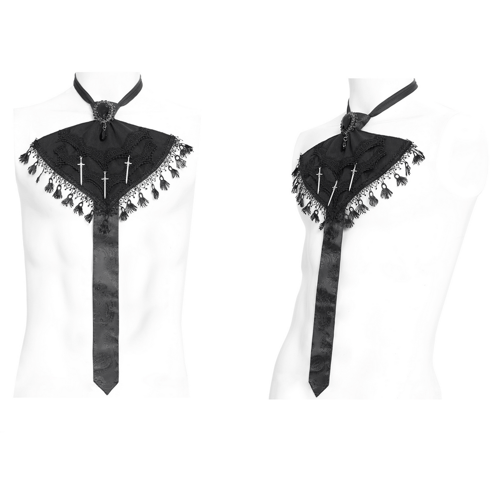 Gothic brocade necktie with dagger charms and tassel fringe, perfect for dark fashion and Victorian-inspired looks.
