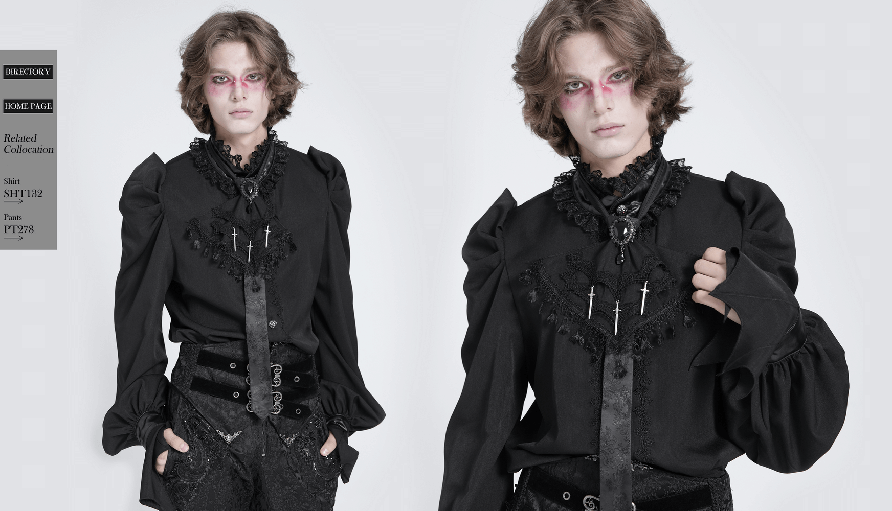 Model showcasing a gothic Victorian-style blouse with ruffles and cross charms, perfect for alternative fashion.