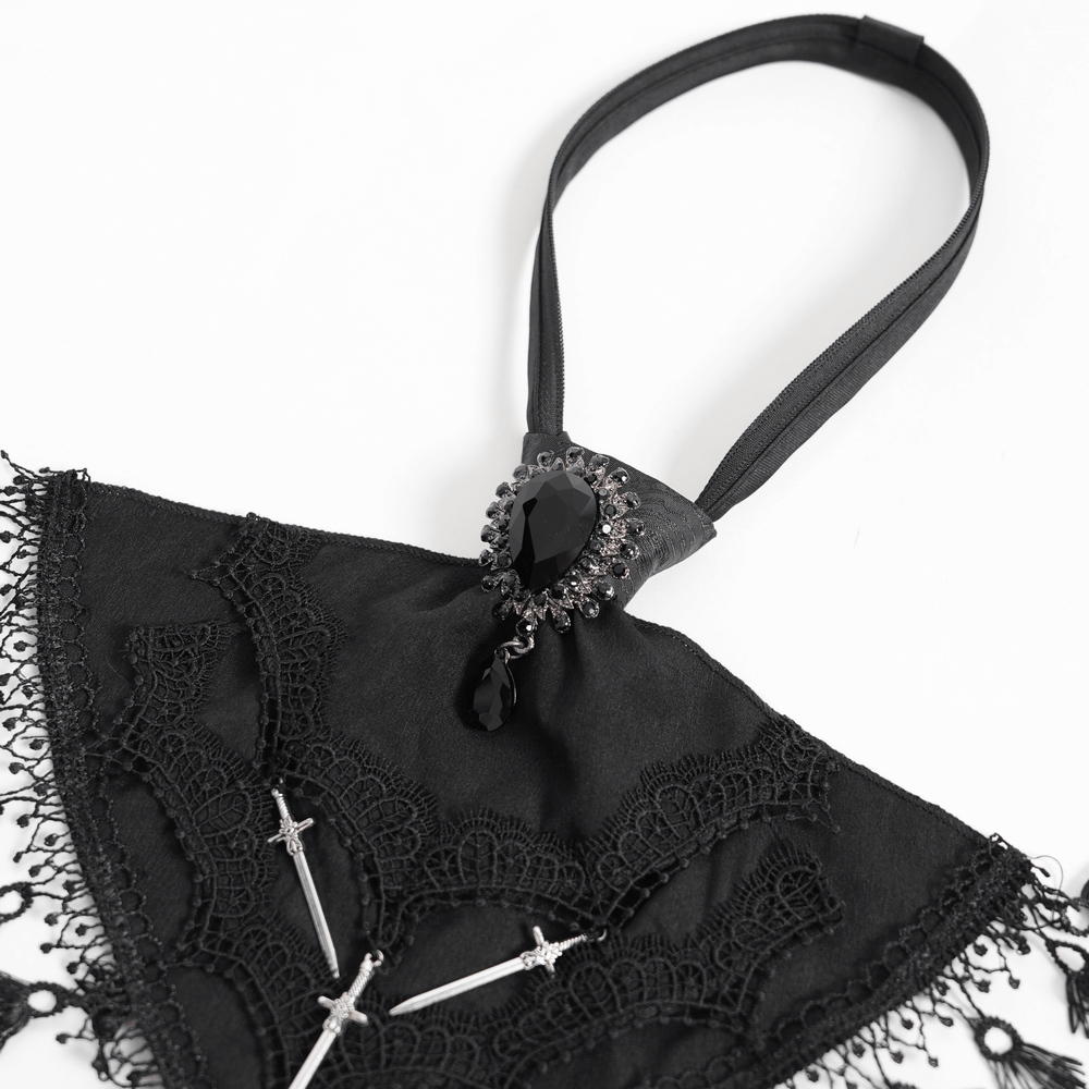 Gothic brocade necktie with lace, dagger charms, and fringe detail for dark fashion and Victorian style.