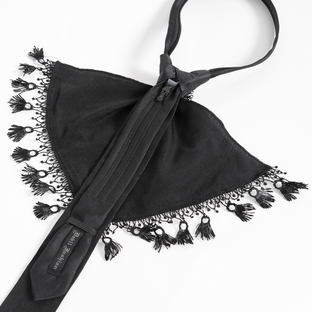 Gothic brocade necktie with tassel trim, dagger charms, and intricate lace design for dark fashion enthusiasts.