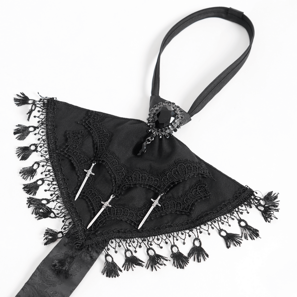 Gothic brocade necktie with daggers, lace detailing, and tassel trim for dark fashion enthusiasts.