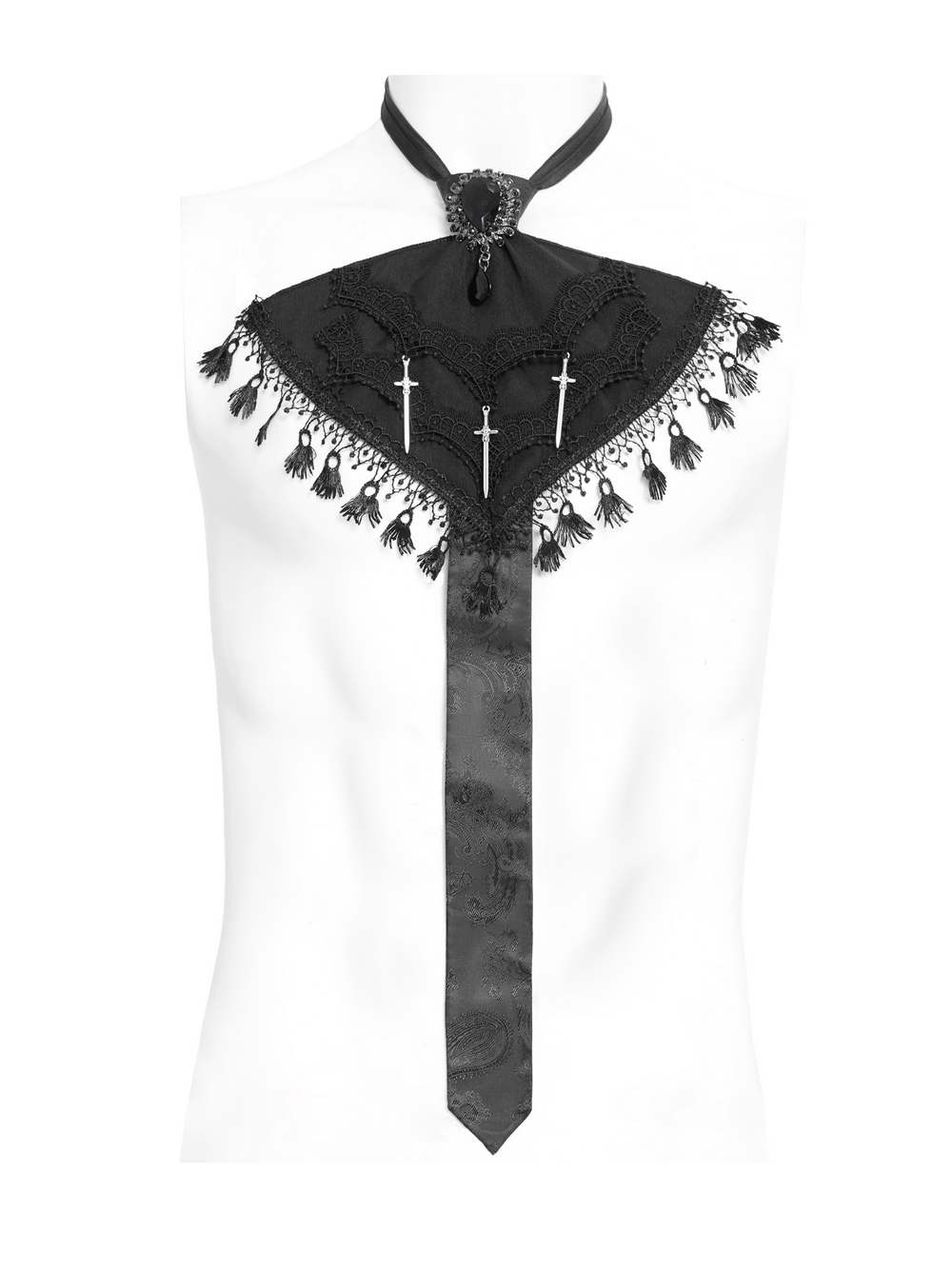 Gothic brocade neck tie with dagger charms, tassel trim, and Victorian fringe detail in black.