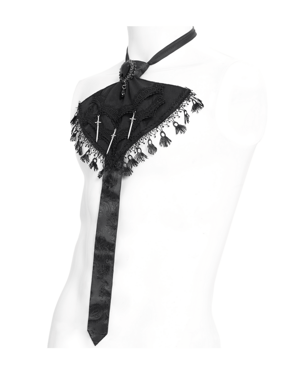 Gothic brocade necktie with dagger charms, lace trim, and tassel fringe on a mannequin.