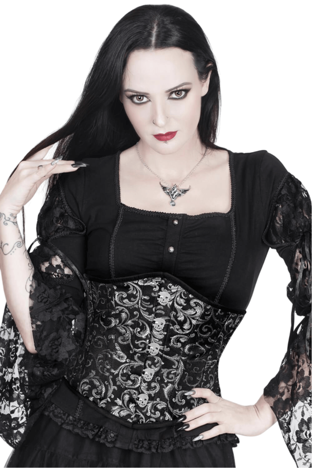 Gothic brocade underbust corset with skull busk, perfect for dark elegance and waist training.