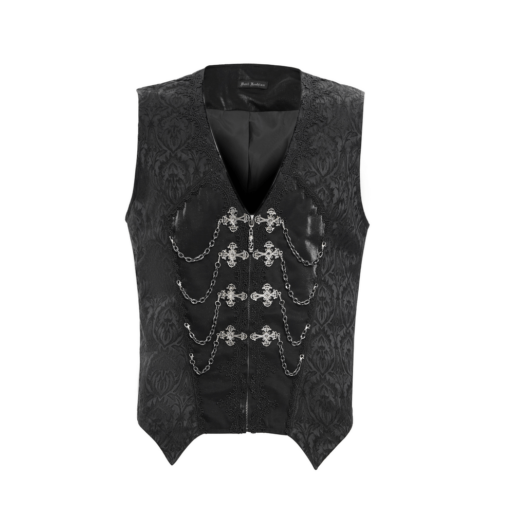 Gothic brocade waistcoat with chains and zip front, perfect for Victorian-inspired alternative fashion.