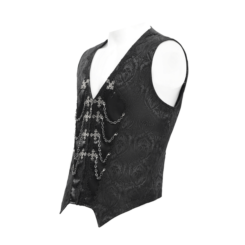 Gothic brocade waistcoat with chains and zip front, featuring intricate fabric and a tailored fit for dark elegance.