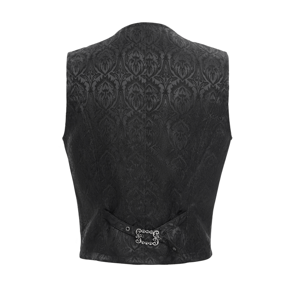 Back view of a gothic brocade waistcoat with adjustable back buckle and ornate detailing. Perfect for alternative fashion.