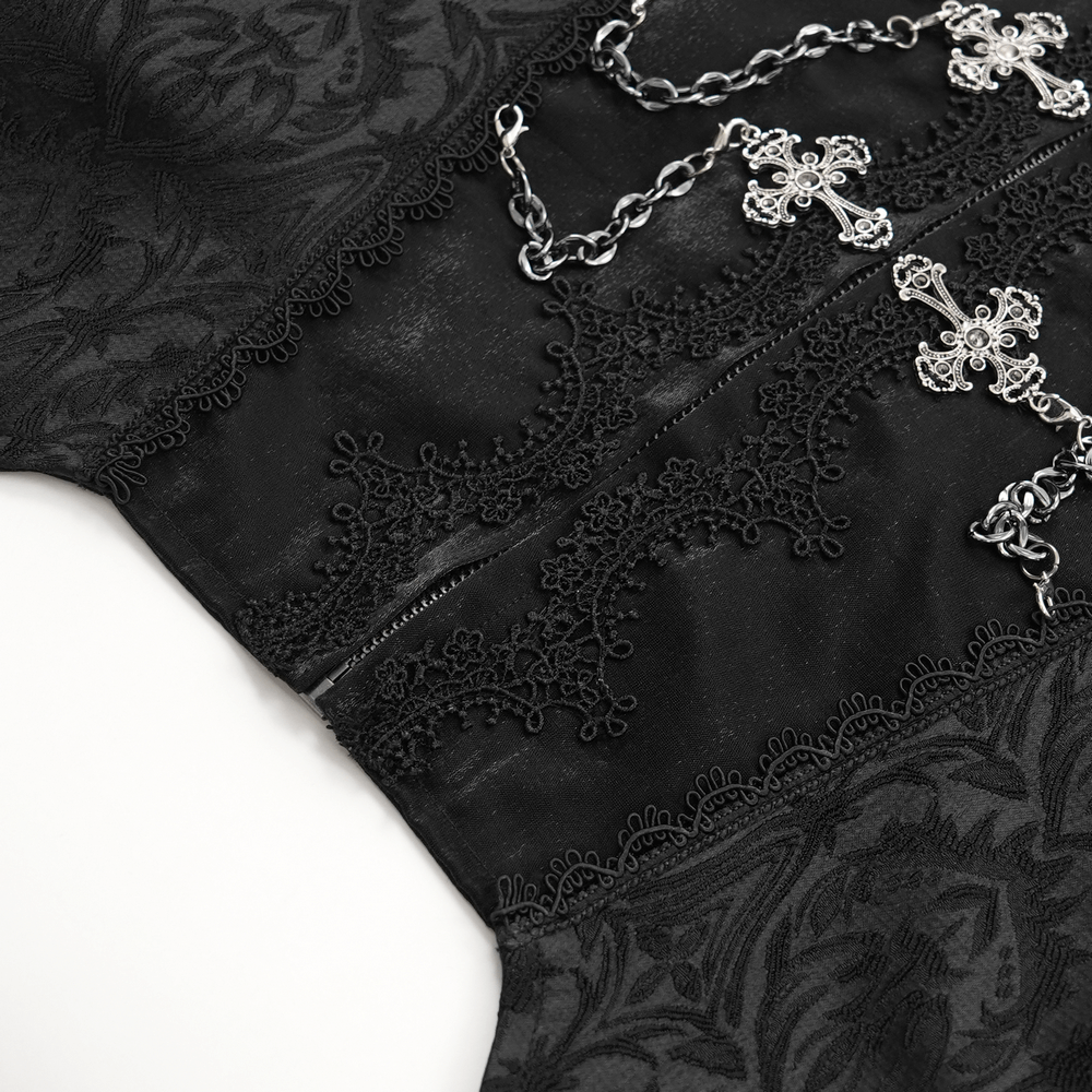 Close-up of Gothic brocade waistcoat showcasing chain accents and zipper detail, perfect for steampunk and Victorian fashion.