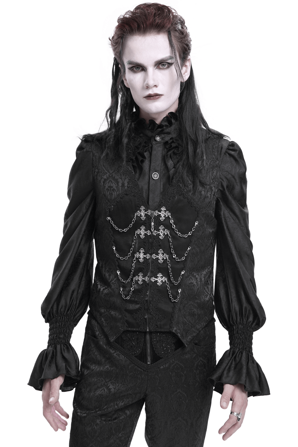 Victorian-inspired gothic waistcoat with chain accents and zipper detail, showcasing dark elegance and alternative fashion.