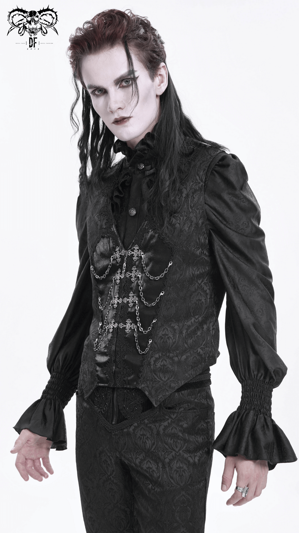 Gothic brocade waistcoat with chains and zipper detail, exuding dark elegance in a Victorian-inspired style.