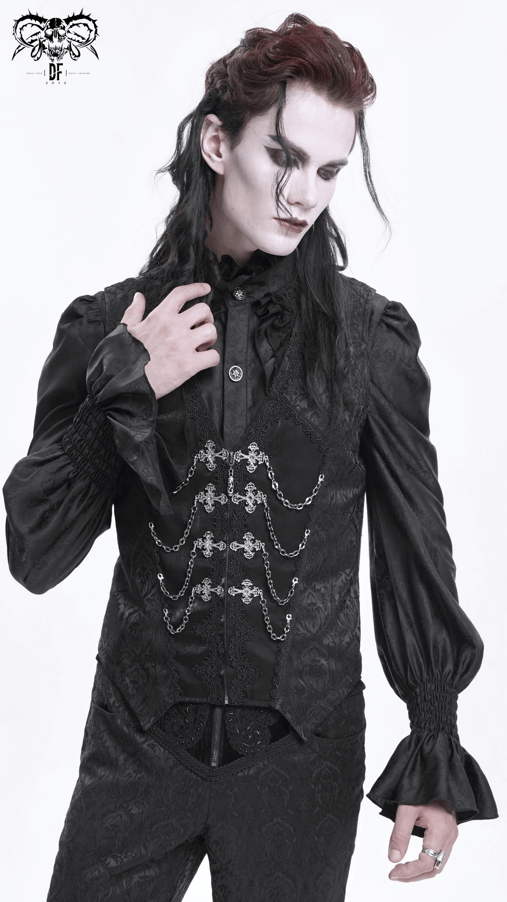 Gothic brocade waistcoat with chain accents and zip front, styled for a dramatic Victorian-inspired look.