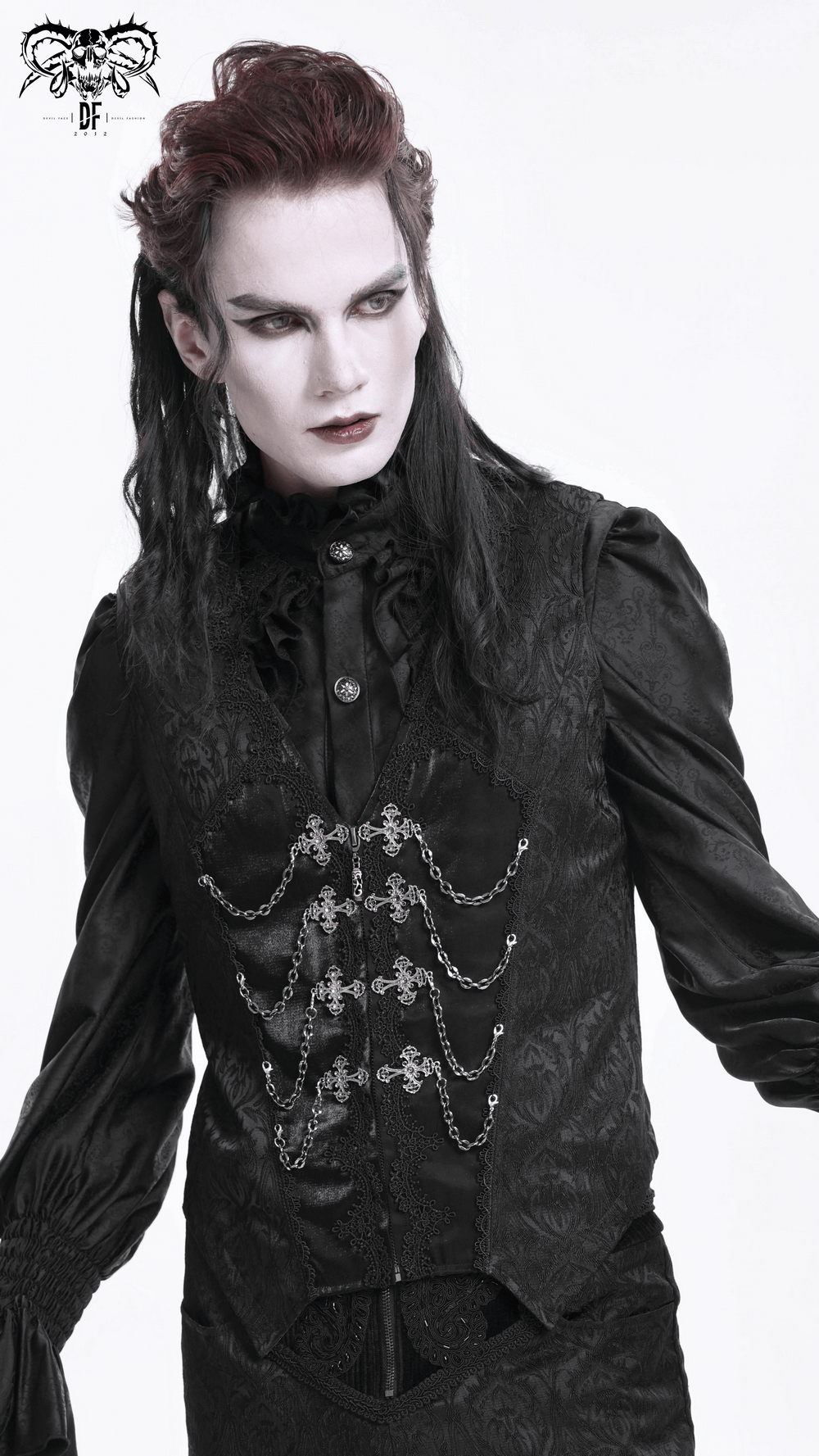 Victorial-inspired gothic brocade waistcoat with chain accents and zip front detail, exuding dark elegance.