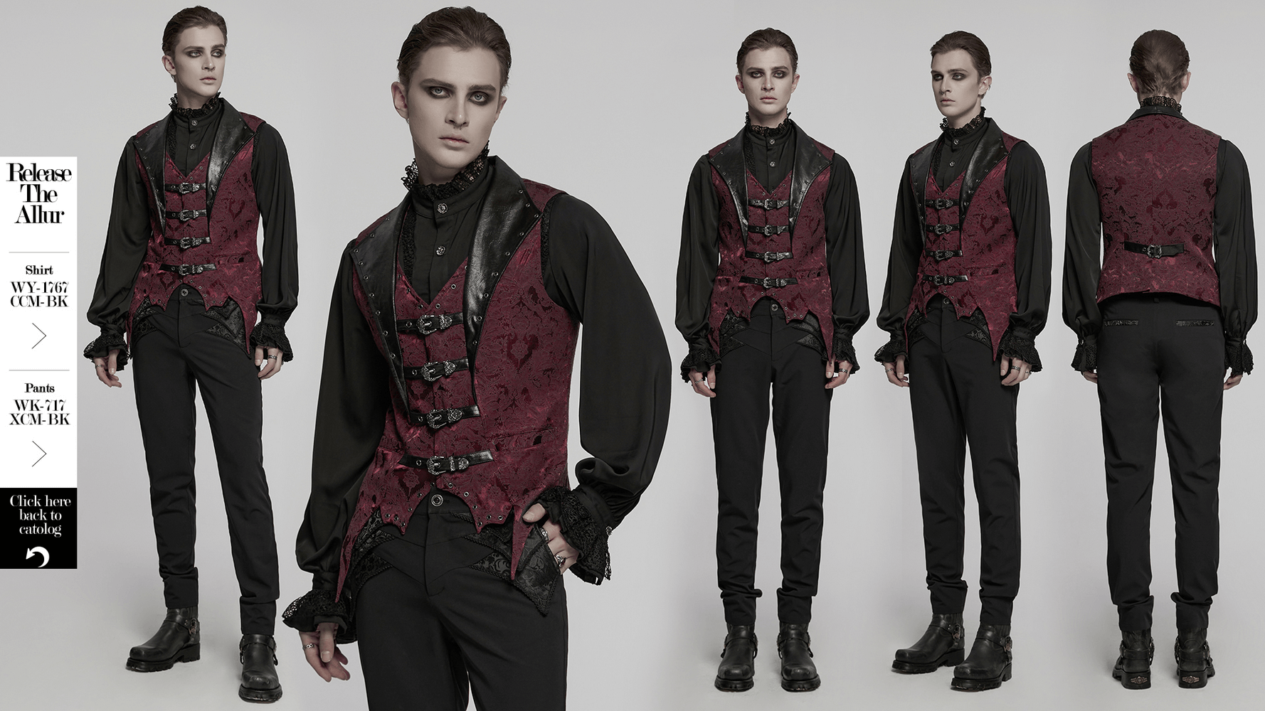 Gothic brocade waistcoat with leather buckles and lapel, featuring bat hem and eyelets, perfect for gothic and steampunk styles.