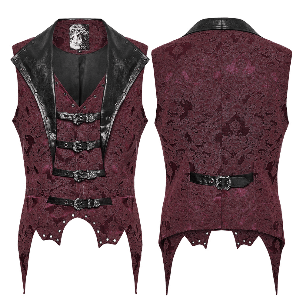 Gothic brocade waistcoat with leather buckles, bat hem, and eyelets, perfect for steampunk and gothic style.