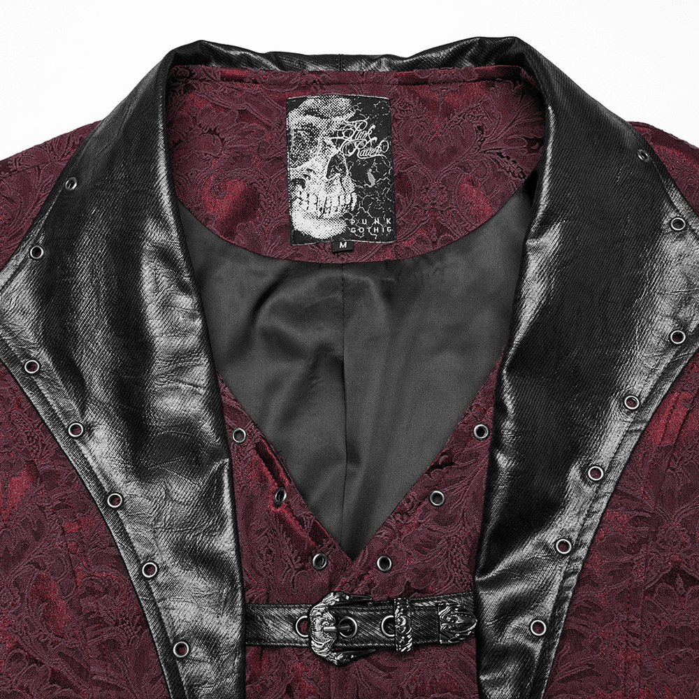 Gothic brocade waistcoat with leather lapel, eyelets, and skull tag, perfect for a darkly elegant look.
