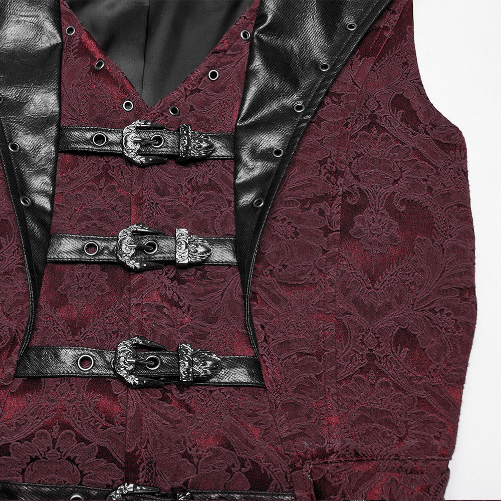 Gothic brocade waistcoat in rich jacquard with leather buckles and bat hem details, perfect for dark elegance.
