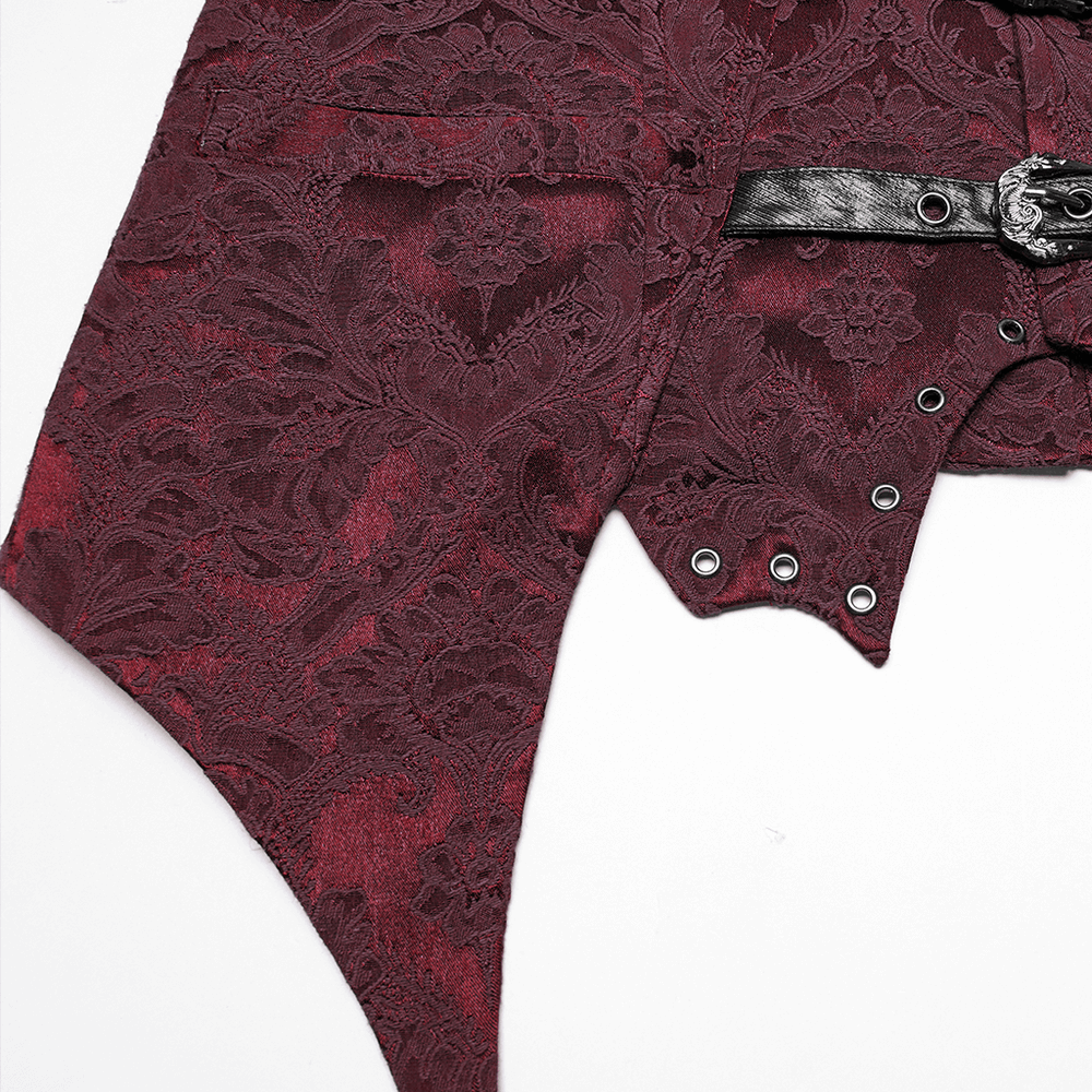 Gothic brocade waistcoat with leather buckles, bat hem, and eyelets for a vintage dark elegance.