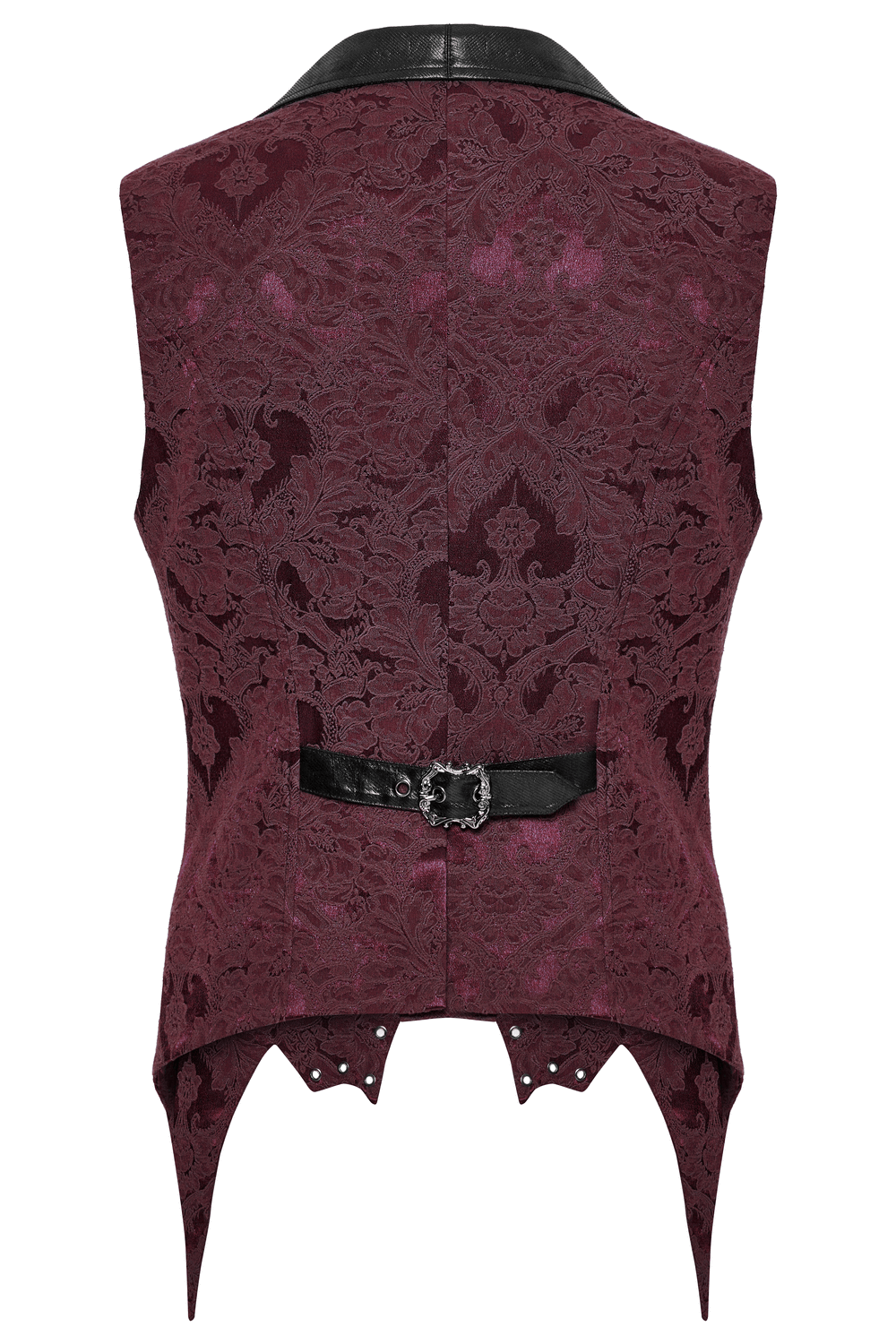 Back view of Gothic brocade waistcoat with bat hem, leather buckle, and elegant eyelet detailing.