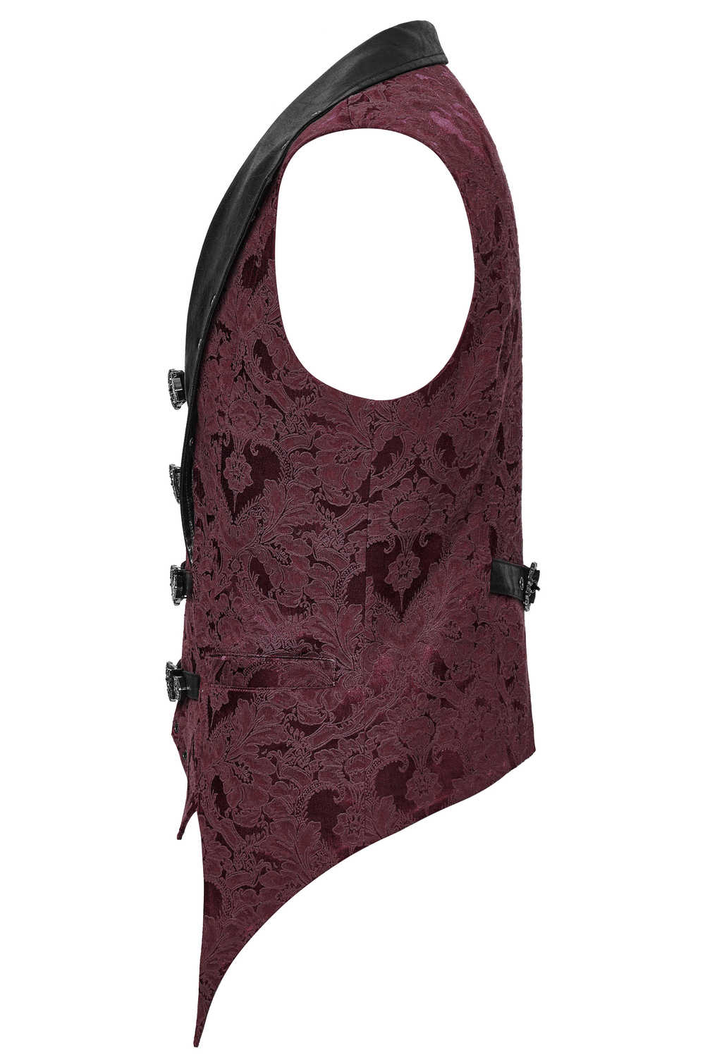 Gothic brocade waistcoat with leather buckles and bat hem, showcasing a dramatic jacquard design and elegant lapel.