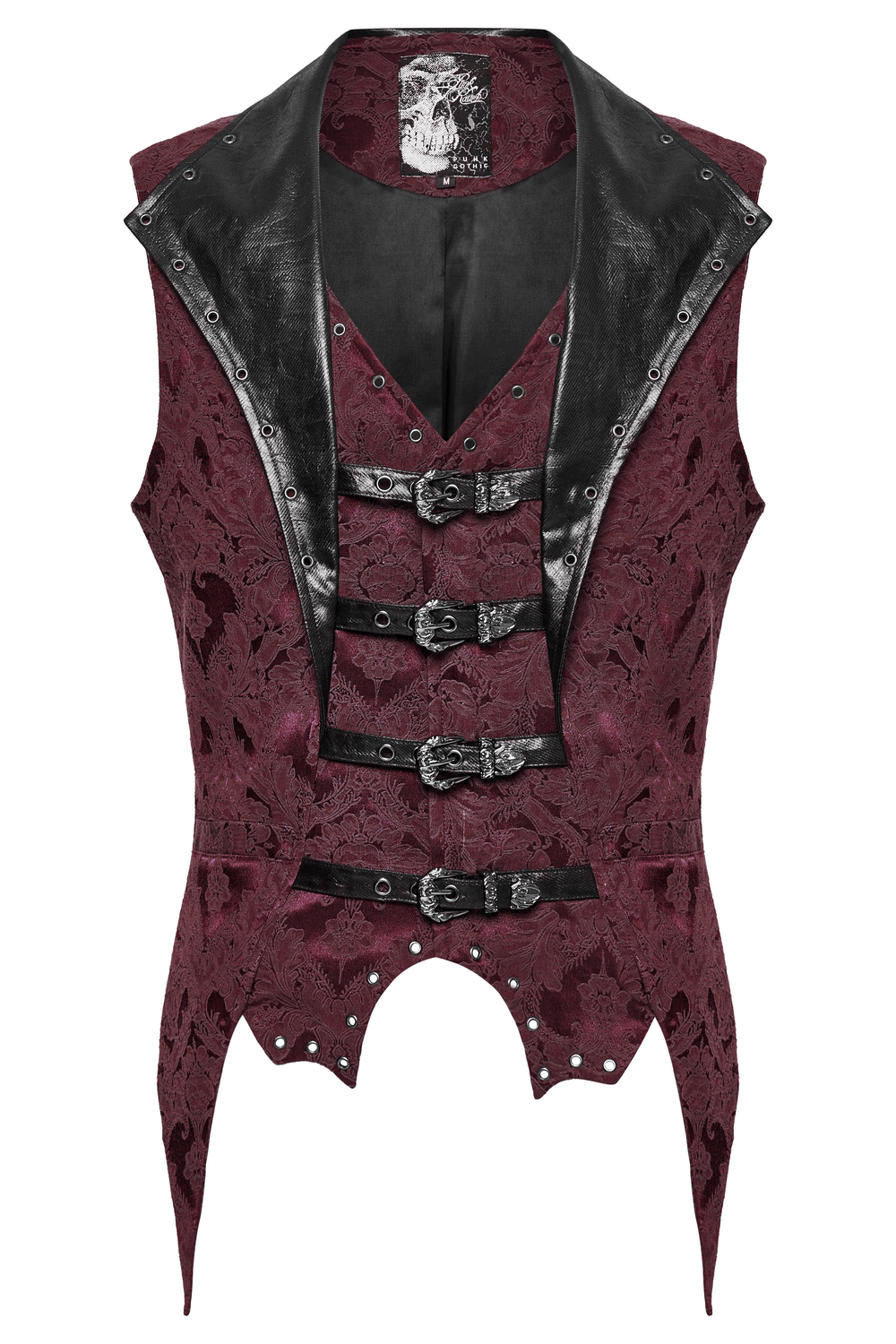 Gothic brocade waistcoat with leather buckles, bat hem, and eyelets for a dramatic vintage flair.