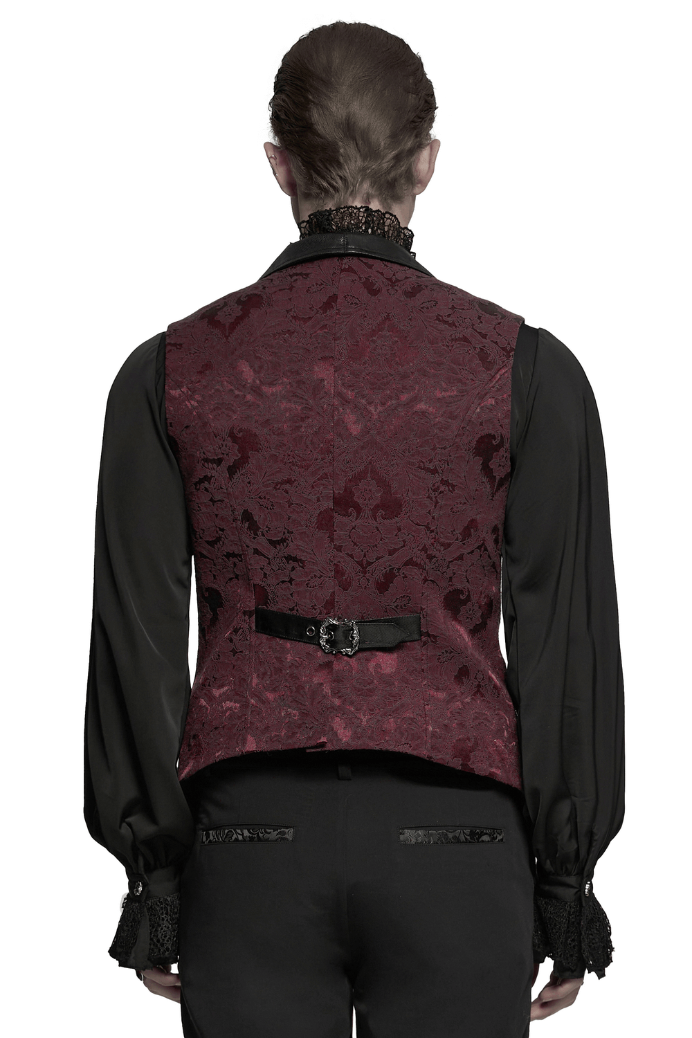 Back view of men's gothic brocade waistcoat with bat hem and leather buckle, styled with a black shirt.